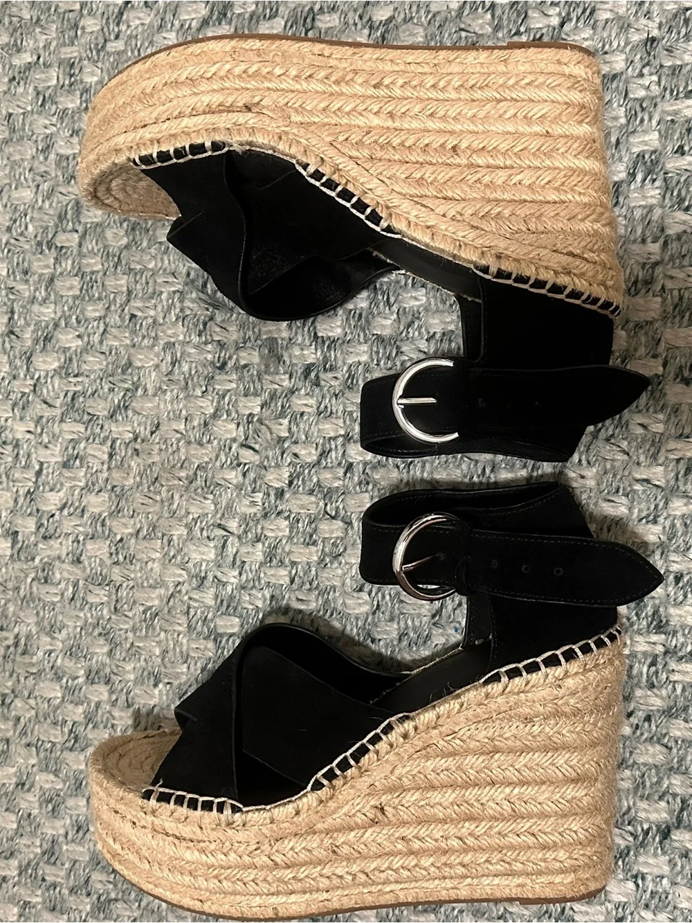 Marc Fisher Black Suede Able Espadrille Wedge Sandals with Ankle Strap